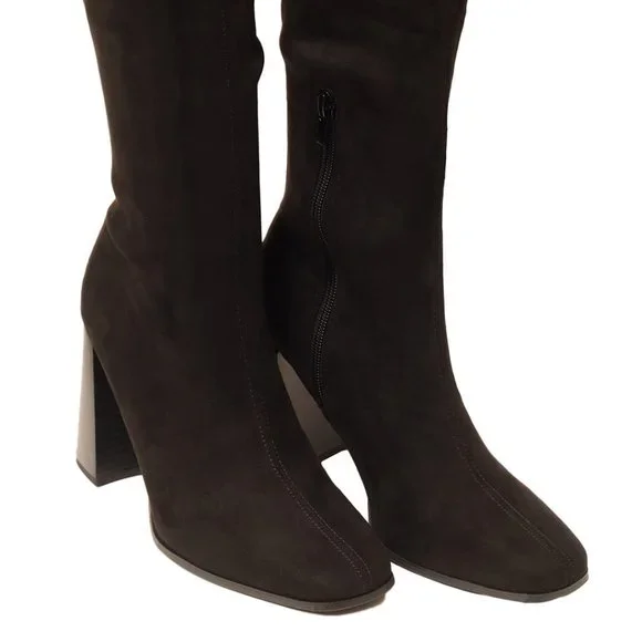 Black Microsuede Block Heel Knee High Boots - Picture 5 of 6